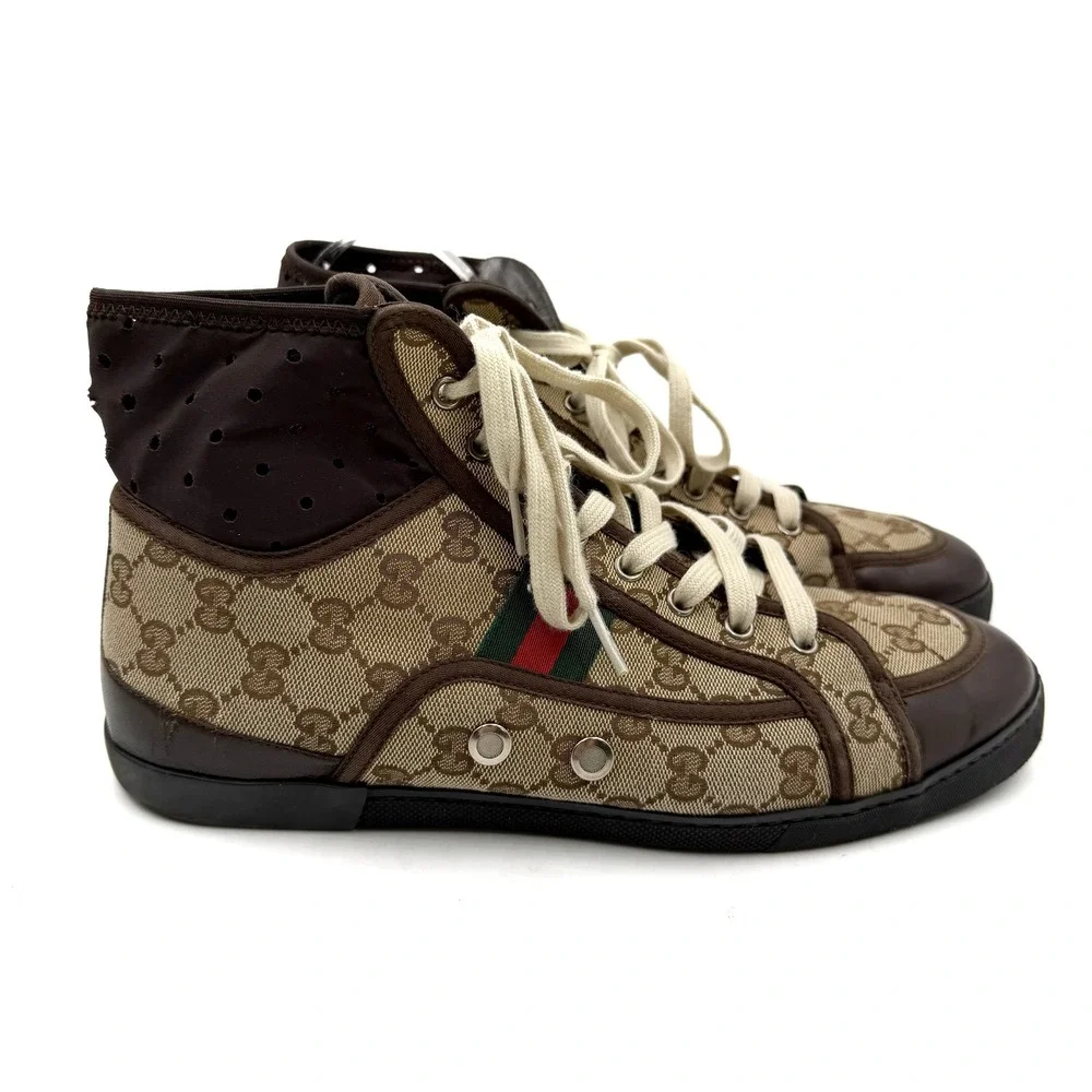 Gucci GG Supreme Monogram High Top Sneakers Web Stripe Brown Leather Men Sz 9